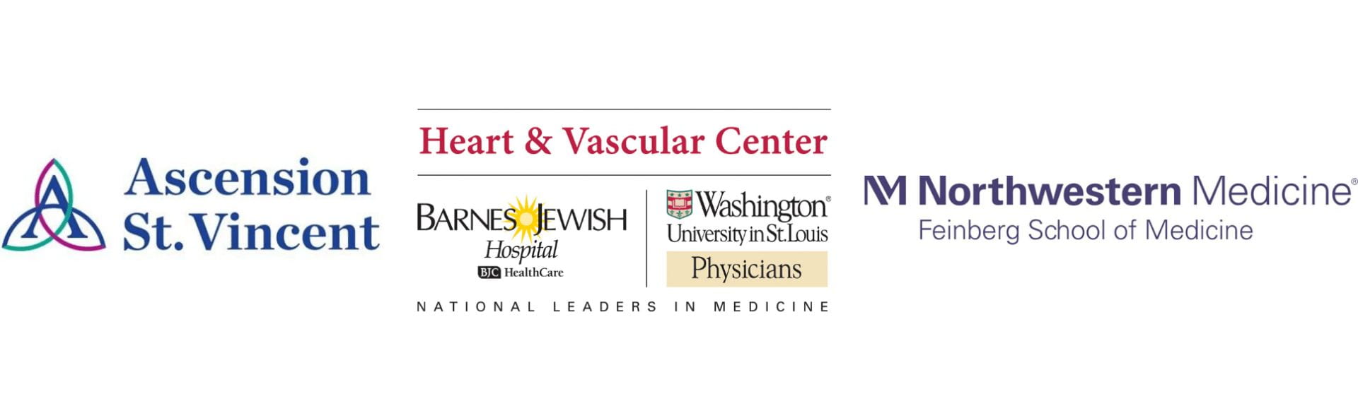 Logo representation for Ascension St. Vincent Hospital, Heart and Vascular Center at Barnes-Jewish Hospital and Washington University in St. Louis, and Northwestern Medicine. 